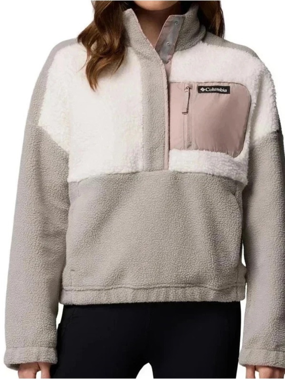 COLUMBIA LODGE SHERPA FLEECE PULLOVER SOCE SEA SALT CRUSHED CLAY WOMENS LAEGE